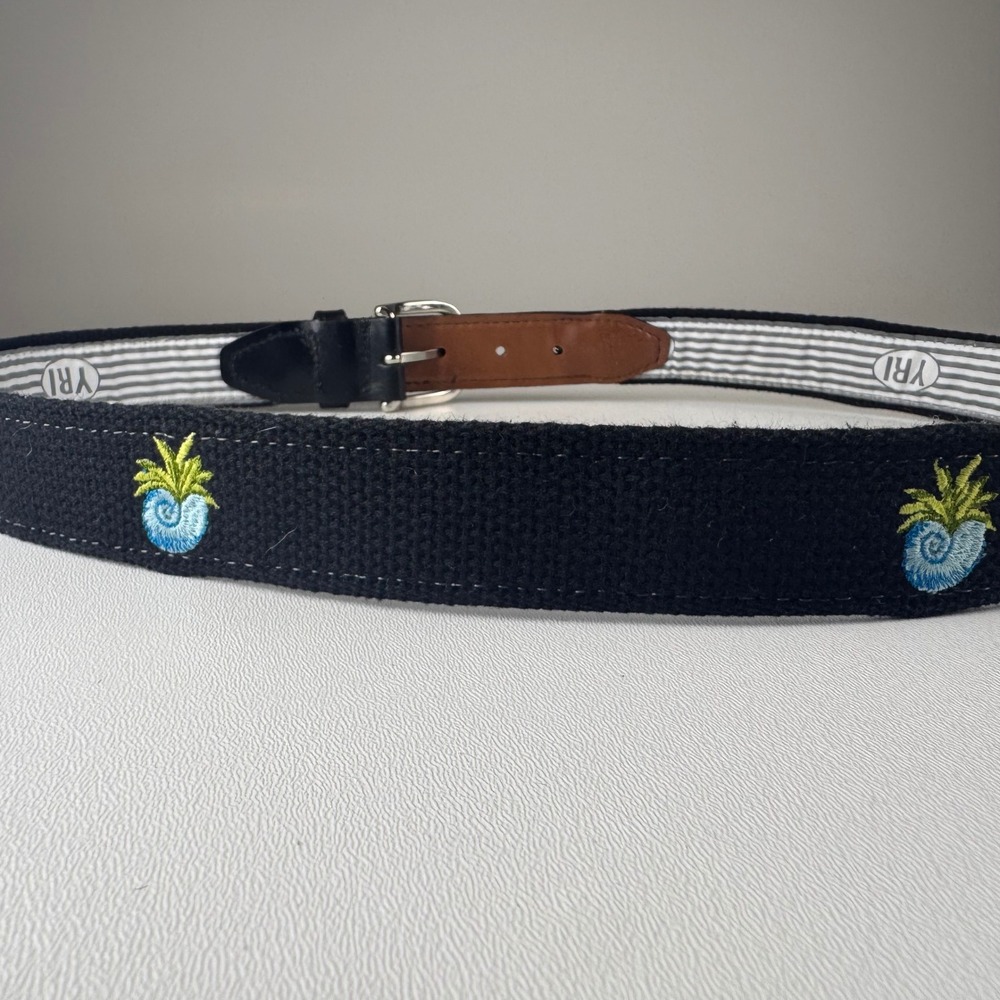 YRI Seashell Black Canvas Belt Embroidered Pineapple‎ Nautical Size 36